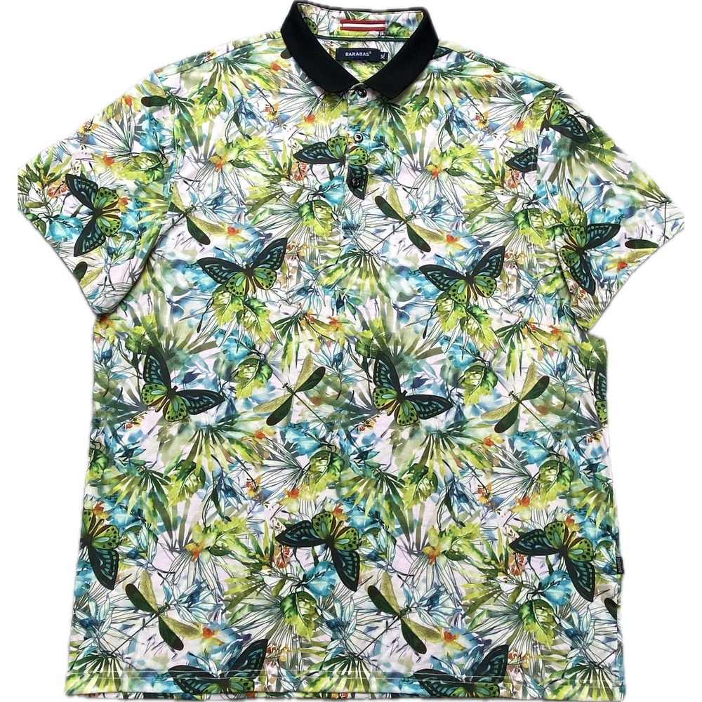 Barabas Mens Polo Shirt Extra‎ Large XL White Green Butterfly Tropical Summer